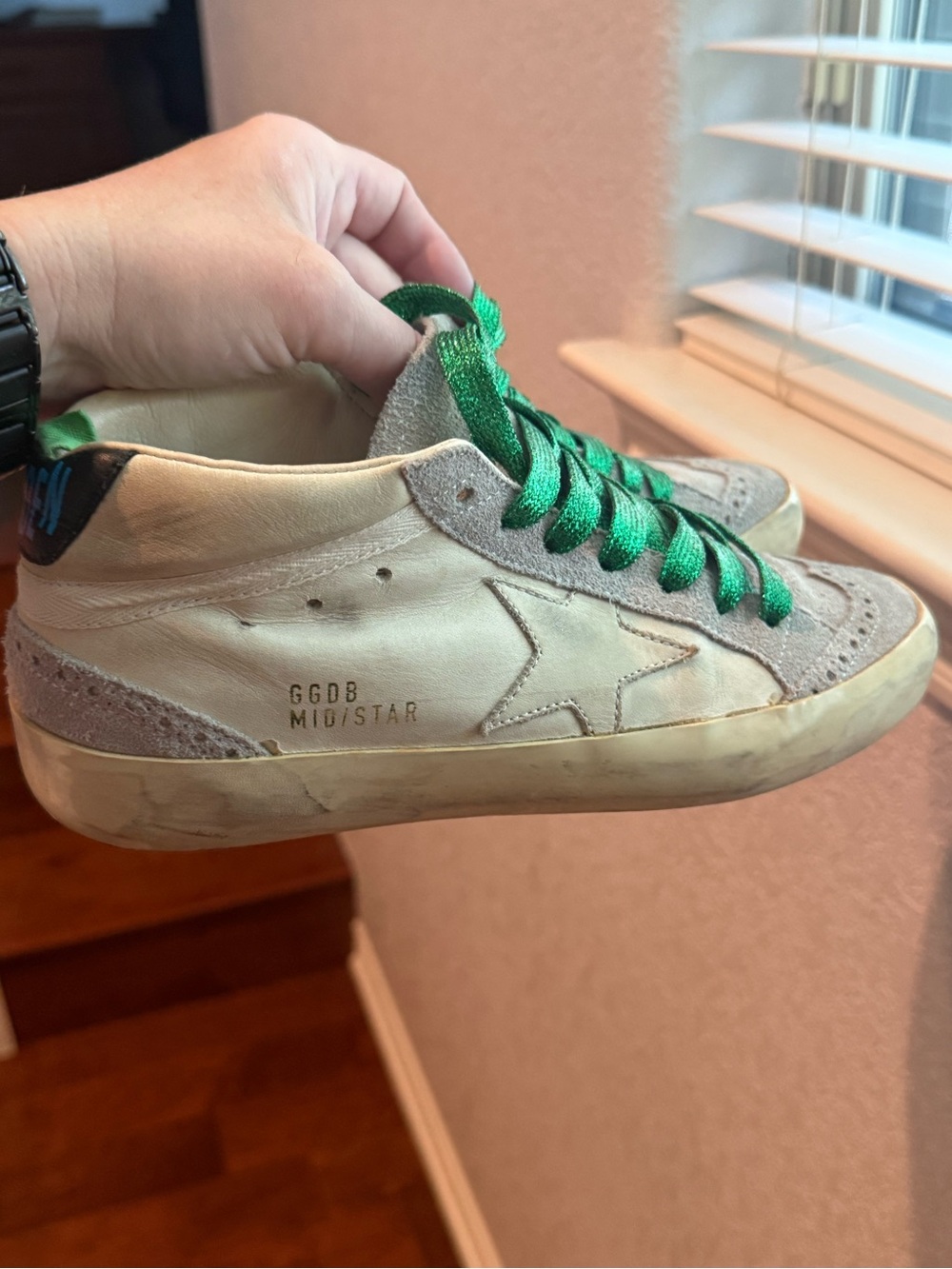 Golden Goose White Leather Mid Star Sneakers with Green Laces